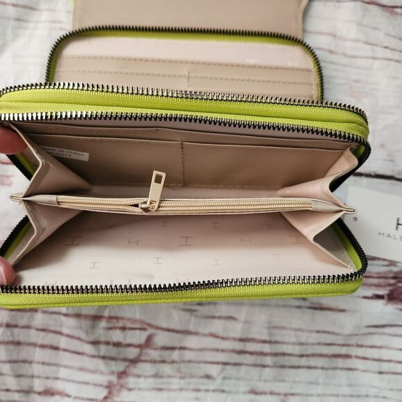Halston Lime Green Double Zip Leather Wallet NWOT - Picture 4 of 6
